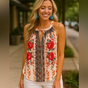 Savanna Jane Red Sleeveless‎ embroidered 
Tie Front Tank Top